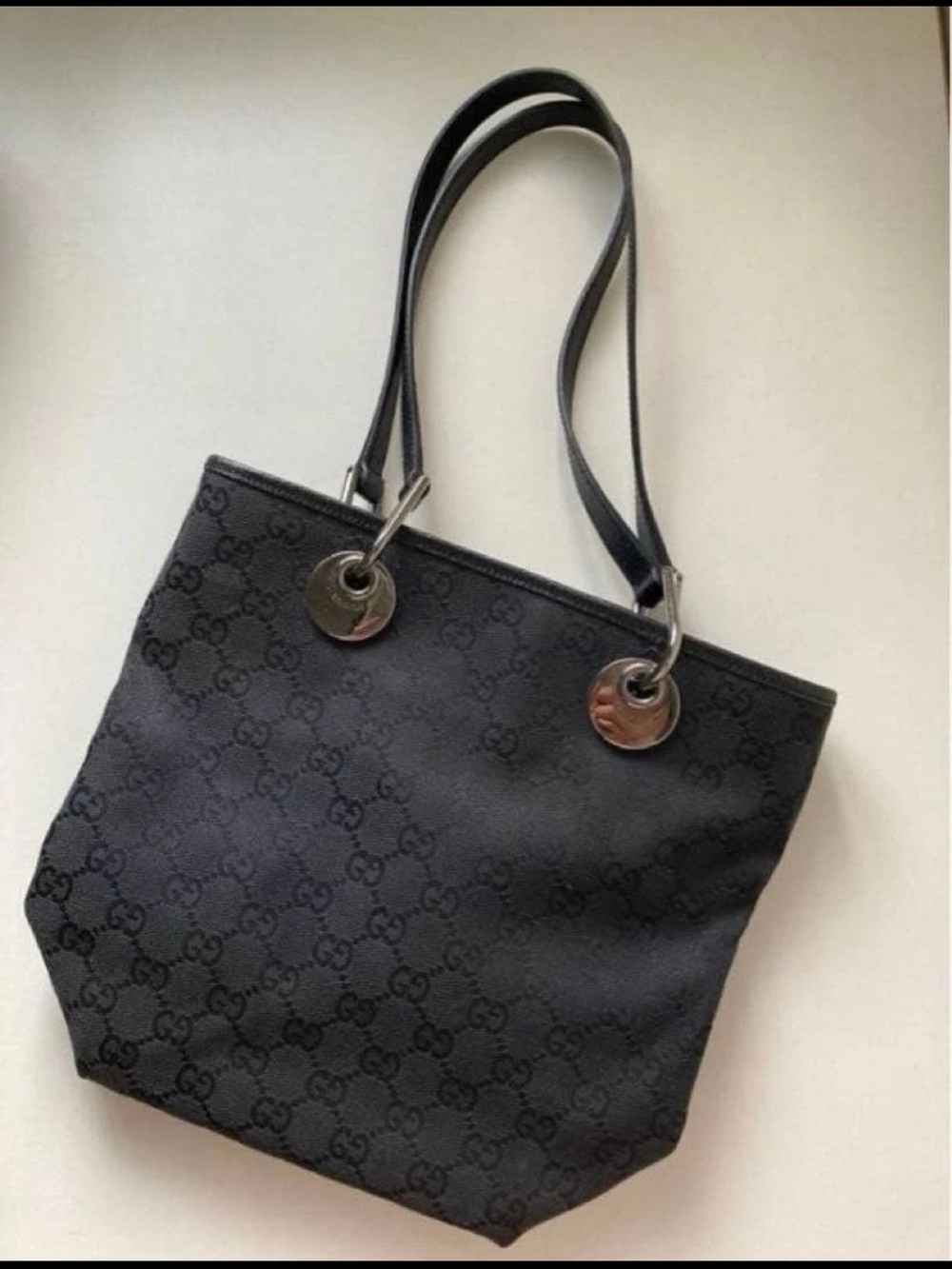 Gucci Black Monogram Tote with Silver-Tone Rings